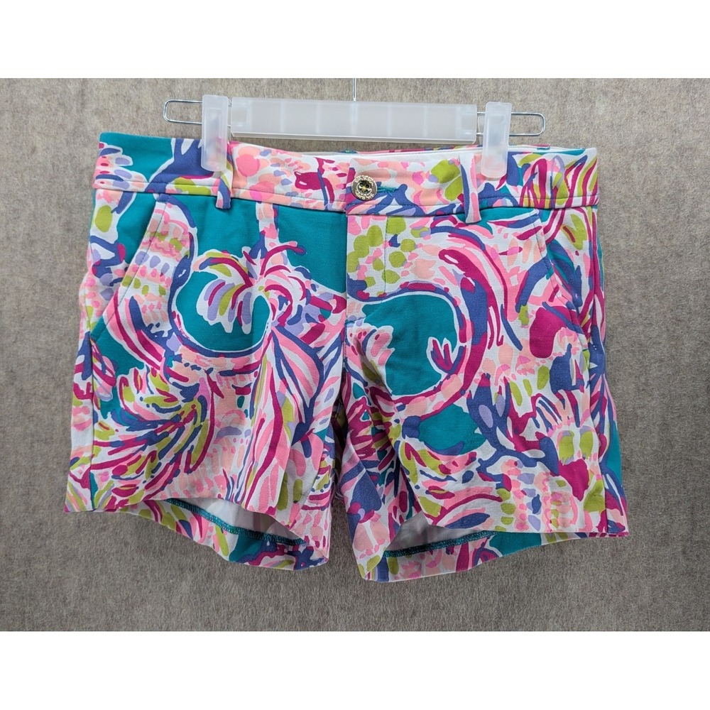 Lilly Pulitzer Callahan Shorts Womens 2 Teal Pink Tropical Abstract Chino Print
